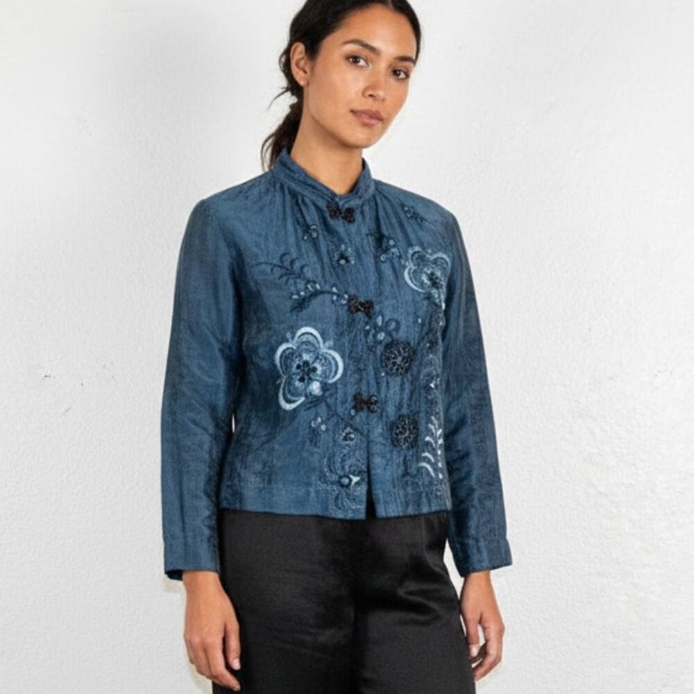 CITRON Santa Monica Silk Embroidered Light Jacket in Navy P XS